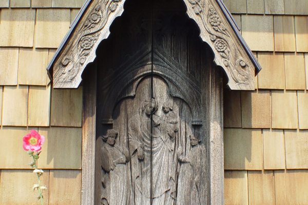 Madonna and Child shrine on exterior wall. Karl von Rydingsvard